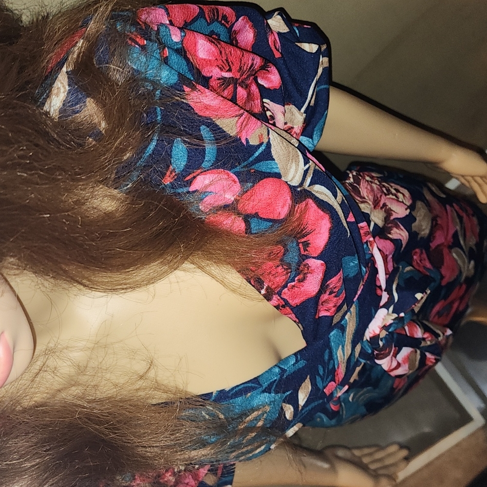 Floral Print, Self-Tie Sash, Mini Dress, Small, Navy - Picture 6 of 8